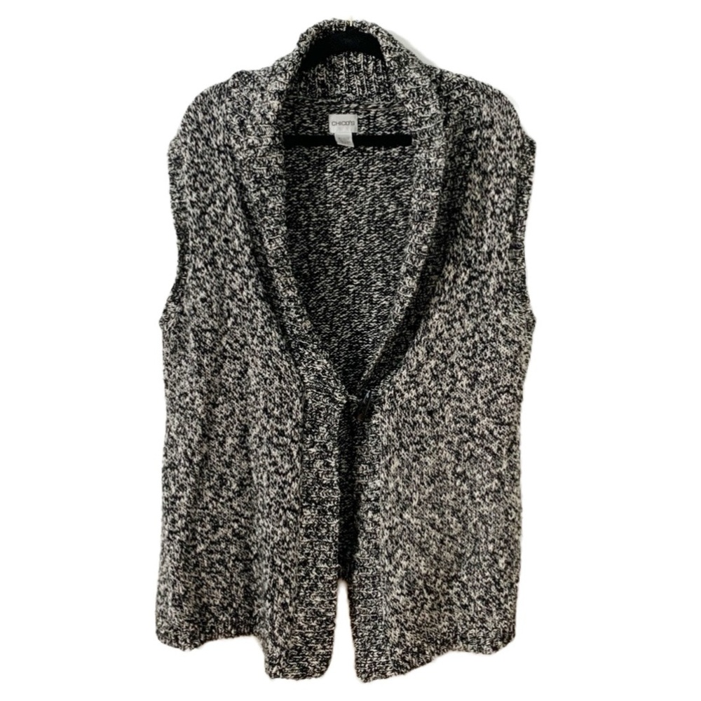 Chico’s Cotton Wool Blend Cozy Sweater Vest Single Button Closure Black White